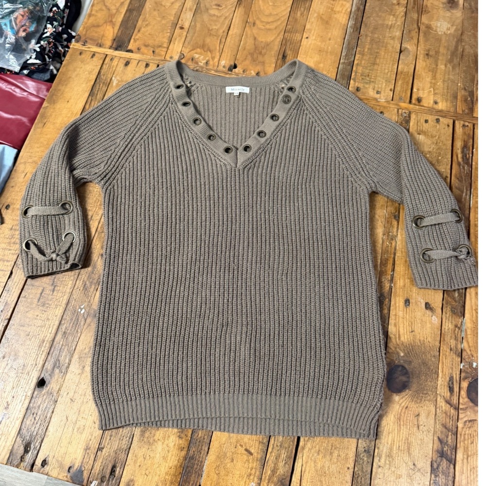 Miracle Womens S M Chunky Knit Sweater Grommet Lace Up Boho Grunge Tunic
